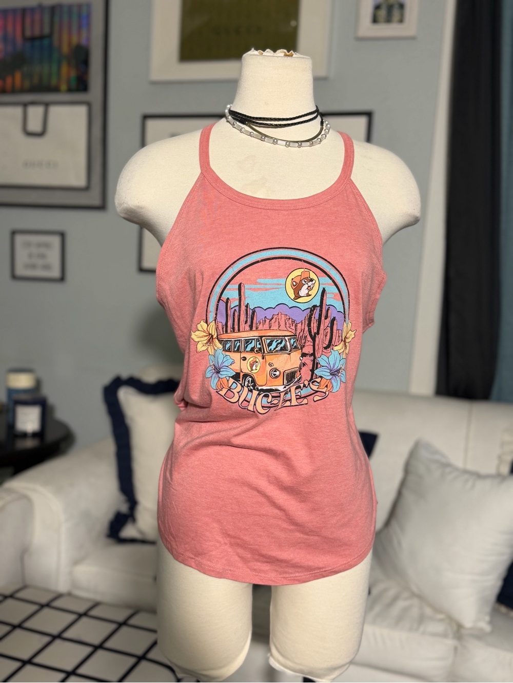 Buc-Ees Women's Coral Graphic Halter Tank Top - Beach Van Design L